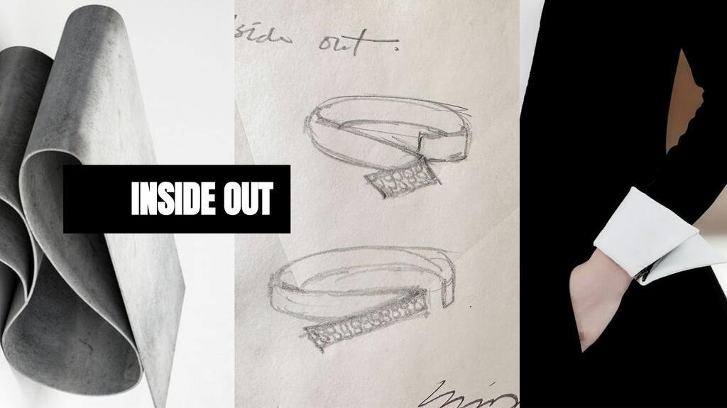 Creative Director Yunjo Lee looked to the design of tuxedos when creating the “Inside Out” collection. Seen at middle are Lee’s sketches of the “Flip” pieces Hearts On Fire Inside Out Inspiration Sketches